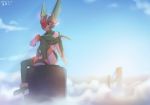  1boy android blue_sky clouds dated day gloves green_eyes green_legwear harpuia helmet highres knee_up looking_at_viewer male_focus outdoors red_eyes rockman rockman_zero signature sitting sky solo sword weapon white_gloves winged_helmet xia_siren 