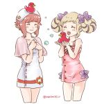  2girls blonde_hair bow buttons closed_eyes closed_mouth dress elise_(fire_emblem_if) fire_emblem fire_emblem_heroes fire_emblem_if hair_bow insarability multicolored_hair multiple_girls nintendo open_mouth pink_hair purple_bow purple_hair rubber_duck sakura_(fire_emblem_if) short_hair simple_background smile towel towel_on_head twintails twitter_username white_background 