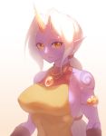  1girl armband armlet breasts gem highres horn jewelry large_breasts league_of_legends long_hair looking_at_viewer necklace pointy_ears ponytail purple_skin sideboob solo soraka tattoo very_long_hair white_background white_hair xia_siren yellow_eyes 
