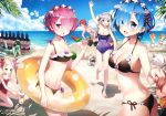  5girls 6+boys :d absurdres arm_up armpits ass ayamy ball beach beachball beatrice_(re:zero) bikini black_bikini blindfold blonde_hair blue_eyes blue_hair braid breasts casual_one-piece_swimsuit cowboy_shot crown_braid day drill_hair emilia_(re:zero) flower green_skin hair_flower hair_ornament hair_over_one_eye hairband halterneck hand_holding highres huge_filesize innertube lolita_hairband looking_at_viewer lying medium_breasts mimi_pearlbaton multiple_boys multiple_girls natsuki_subaru on_stomach one-piece_swimsuit open_mouth outdoors petelgeuse_romaneeconti pink_eyes pink_hair pink_swimsuit pov puck_(re:zero) purple_swimsuit ram_(re:zero) re:zero_kara_hajimeru_isekai_seikatsu redhead reinhard_van_astrea rem_(re:zero) scan side-tie_bikini sidelocks silver_hair small_breasts smile strap_gap swimsuit sword tivey_pearlbaton twin_drills violet_eyes weapon x_hair_ornament 