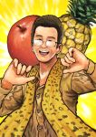  1boy absurdres apple black_eyes buttons chanta_(ayatakaoisii) collared_shirt food fruit glasses highres long_sleeves looking_at_viewer open_mouth pen-pineapple-apple-pen pikotarou pineapple shirt smile solo upper_body yellow_background yellow_shirt 