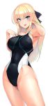 1girl 8000 adjusting_hair black_bow black_swimsuit blonde_hair blue_eyes bow braid breasts competition_swimsuit covered_navel cowboy_shot french_braid hair_bow half_updo hand_on_own_chest highleg highleg_swimsuit highres large_breasts long_hair looking_at_viewer one-piece_swimsuit open_mouth original simple_background solo standing swimsuit white_background 