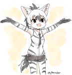  1girl :d aardwolf_(kemono_friends) aardwolf_ears aardwolf_print aardwolf_tail animal_ear_fluff arms_up artist_name black_eyes black_hair black_neckwear collared_shirt commentary_request cutoffs elbow_gloves extra_ears gloves hair_between_eyes highres kemono_friends legwear_under_shorts medium_hair multicolored_hair necktie open_mouth outstretched_arms pantyhose panzuban ponytail print_gloves print_legwear print_shirt shirt short_shorts shorts simple_background sleeveless sleeveless_shirt smile solo spread_arms twitter_username two-tone_hair white_hair 