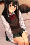  1girl bangs bed black_hair blush bow brown_eyes collared_shirt commentary_request eyebrows_visible_through_hair green_skirt head_tilt highres indoors long_hair long_sleeves looking_at_viewer matsunaga_kouyou nose_blush on_bed original parted_lips plaid plaid_skirt pleated_skirt red_bow school_uniform shirt sitting sitting_on_bed skirt solo sweater_vest white_shirt 
