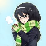  1girl bangs black_hair blue_background blue_coat blush breath brown_eyes can chestnut_mouth commentary fringe_trim girls_und_panzer gloves green_gloves green_scarf hairband highres holding holding_can long_hair long_sleeves onsen_tamago_(hs_egg) open_mouth reizei_mako scarf soda_can solo striped striped_gloves striped_scarf upper_body white_hairband 
