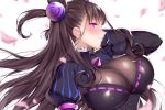  1girl bangs blush breasts brown_hair cleavage closed_mouth corset double_bun dress eyebrows_visible_through_hair eyelashes fate/grand_order fate_(series) frilled_shirt_collar frills hair_between_eyes hair_ornament large_breasts lips long_hair long_sleeves looking_at_viewer murasaki_shikibu_(fate) petals puffy_long_sleeves puffy_sleeves purple_ribbon ribbon ribbon_trim simple_background smile solo striped upper_body vertical_stripes very_long_hair violet_eyes white_background xayux 