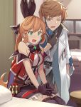  1boy 1girl bangs bare_shoulders bed belt black_bow black_gloves black_legwear black_ribbon blush bow bowtie breasts brown_eyes brown_hair clarisse_(granblue_fantasy) commentary_request doctor_(granblue_fantasy) embarrassed eyebrows_visible_through_hair gloves gran_(granblue_fantasy) granblue_fantasy green_eyes hair_between_eyes hair_bow hair_ribbon hand_in_pocket hinami_(hinatamizu) hospital_bed indoors jacket labcoat long_hair mask_pull medium_breasts one_eye_closed open_mouth orange_hair ponytail red_jacket ribbon sitting skirt sleeveless surgical_mask test_tube thigh-highs zettai_ryouiki 