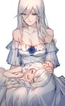  2girls bare_shoulders blue_eyes blue_flower blue_rose blush braid breasts cecilia_schariac child cleavage closed_eyes closed_mouth commentary_request dress flower hair_between_eyes happy highres honkai_(series) honkai_impact_3 humidifier kiana_kaslana lap_pillow long_hair lying medium_breasts mother_and_daughter multiple_girls on_side petting rose silver_hair sketch sleeveless sleeveless_dress smile strapless strapless_dress twin_braids very_long_hair white_dress younger 