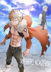  2boys 55level alternate_costume angry bakugou_katsuki bare_chest belt blonde_hair blue_jacket boku_no_hero_academia boots brown_belt brown_legwear cape clouds cloudy_sky commentary_request day detached_sleeves earrings elbow_sleeve full_body fur-trimmed_boots fur-trimmed_cape fur_trim highres jacket jewelry long_sleeves multicolored_hair multiple_boys muscle necklace orange_sleeves outdoors pants redhead shirt short_hair shoulder_tattoo sky sleeveless sleeveless_jacket spiky_hair standing tattoo title todoroki_shouto torn_clothes two-tone_hair v-shaped_eyebrows white_footwear white_hair white_legwear white_shirt 