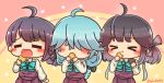  &gt;_&lt; 3girls ahoge asimo953 bangs blush bow bowtie braid chibi closed_eyes closed_mouth commentary_request cookie dress eating eyebrows_visible_through_hair food fujinami_(kantai_collection) grey_hair hair_between_eyes hair_bow hair_over_one_eye hair_ribbon hamanami_(kantai_collection) hayanami_(kantai_collection) holding kantai_collection lawson long_hair long_sleeves multiple_girls open_mouth ponytail purple_dress purple_hair ribbon school_uniform shirt short_hair side_ponytail sidelocks simple_background single_braid smile white_shirt 