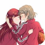  2girls arm_around_shoulder basketball blush closed_eyes from_behind grey_hair hair_ornament hairclip half_updo hand_on_another&#039;s_back jacket long_hair long_sleeves love_live! love_live!_sunshine!! multiple_girls open_mouth red_jacket redhead sakurauchi_riko short_hair simple_background smile sweatband track_jacket upper_body watanabe_you white_background yuchi_(salmon-1000) 