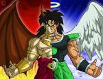  2boys angel_wings animefreak93867 armor black_eyes black_hair blue_background boots bracelet broly broly_(dragon_ball_super) demon_horns demon_wings dragon_ball dragon_ball_super dragonball_z dual_persona earrings fire frown halo highres horns jewelry long_hair male_focus multiple_boys muscle necklace red_background scar spiky_hair wings wristband 