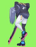  1girl black_legwear blue_eyes cyberpunk facial_mark green_background hood hood_down hoodie koyorin leaning_forward long_hair looking_at_viewer looking_back multicolored multicolored_eyes open_mouth original pointy_ears sharp_teeth shorts single_thighhigh solo standing standing_on_one_leg teeth thigh-highs weapon 