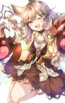  1girl ;d absurdres animal_ears bare_shoulders blush breasts brown_dress brown_eyes choker claw_(weapon) collarbone cowboy_shot dress erune flower granblue_fantasy hair_flower hair_ornament head_tilt highres huge_filesize leg_up long_hair looking_at_viewer medium_breasts one_eye_closed open_mouth sen_(granblue_fantasy) silver_hair sleeveless smile solo standing standing_on_one_leg sweetroad weapon white_background white_flower 