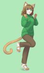  1girl animal_ears aqua_eyes brown_hair brown_pants cat_ears cat_tail clenched_teeth commission cristalavi green_sweater leg_up original pale_skin sandals short_hair simple_background sweater tail 