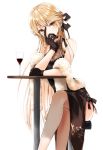  1girl bare_shoulders black_bow black_dress black_gloves blonde_hair bow cup dress drinking_glass eyebrows_visible_through_hair fur_trim girls_frontline gloves hair_bow halterneck hand_on_own_face highres long_hair looking_at_viewer mage_(335656) ots-14_(girls_frontline) ribbon sitting sleeveless solo table white_background wine_glass yellow_eyes 