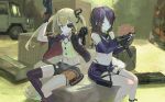  2girls bangs bare_shoulders black_gloves black_hair black_legwear blonde_hair blue_eyes braid breasts closed_mouth collar dual_wielding eyepatch girls_frontline gloves green_eyes grin gun hair_between_eyes hair_over_one_eye holding holding_gun holding_weapon jacket kesomaru long_hair looking_at_viewer mac-10 mac-10_(girls_frontline) multiple_girls navel outdoors scar shorts sidelocks sitting skorpion_vz._61 smile stitches submachine_gun teeth twintails vz.61_(girls_frontline) weapon 