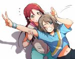  2girls aqua_pants arm_up blue_eyes blue_shirt blush flying_sweatdrops grey_hair grin hair_ornament hairclip highres hood hood_down hooded_jacket jacket long_hair looking_at_viewer love_live! love_live!_sunshine!! multiple_girls navel one_eye_closed pants redhead sakurauchi_riko salute shadow shirt short_sleeves smile sweatband sweatdrop v watanabe_you white_background yellow_eyes yuchi_(salmon-1000) 