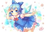  1girl ahoge arm_up bangs blue_bow blue_dress blue_eyes blue_footwear blue_hair bow cirno commentary_request detached_wings dress eyebrows_visible_through_hair flower frilled_dress frills hair_bow highres ice ice_wings mary_janes mouth_hold neck_ribbon outstretched_arm petals pinafore_dress pink_flower pjrmhm_coa puffy_short_sleeves puffy_sleeves red_neckwear red_ribbon ribbon salute shoes short_sleeves socks solo spread_fingers touhou white_legwear wings 