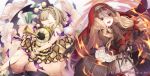  2girls :d bare_shoulders bee_costume belt blonde_hair bloomers braid briar_rose_(sinoalice) choker closed_eyes eyebrows_visible_through_hair eyes_visible_through_hair fire flower frills fur_bracelet fur_trim habit hairband highres horn_(instrument) little_red_riding_hood_(sinoalice) long_hair multiple_girls open_mouth orange_eyes orange_hair pillow ribbon see-through sinoalice sleeves_past_wrists smile stuffed_toy takamiya_ren underwear upper_teeth veil 