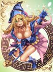  1girl bare_shoulders blonde_hair blush boots breasts choker cleavage dark_magician_girl duel_monster fingerless_gloves full_body gloves green_eyes hat highres hikari_(komitiookami) large_breasts long_hair looking_at_viewer open_mouth smile solo wizard_hat yu-gi-oh! yuu-gi-ou yuu-gi-ou_duel_monsters 