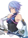  1girl aqua_(kingdom_hearts) armpits artist_name bare_shoulders blue_eyes blue_hair breasts brown_gloves butcha-u commentary_request detached_sleeves eyebrows_visible_through_hair fingerless_gloves from_side frown gloves hair_between_eyes highres holding holding_sword holding_weapon kingdom_hearts kingdom_hearts_birth_by_sleep large_breasts long_sleeves short_hair simple_background solo sword upper_body weapon white_background white_sleeves wide_sleeves 