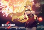  1girl arm_ribbon blonde_hair blurry blurry_background breasts china_dress chinese_clothes copyright_request covered_nipples cowboy_shot depth_of_field dress fireworks gloves green_eyes hair_ornament highres large_breasts long_hair looking_away madyy night outdoors red_gloves ribbon short_dress sidelocks smile solo very_long_hair weibo_username 