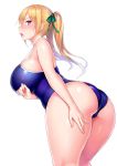  1girl arm_under_breasts ass back blonde_hair blush breasts commentary_request cowboy_shot eyebrows_visible_through_hair green_ribbon highres large_breasts long_hair looking_at_viewer looking_back one-piece_swimsuit open_mouth original plump ponytail red_eyes ribbon simple_background skindentation solo standing sweatdrop swimsuit tsukumiya_amane white_background 
