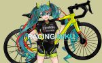  1girl :d beige_background bicycle bike_shorts black_gloves blush breasts character_name commentary_request contrapposto english_text eyebrows_visible_through_hair fingerless_gloves floatingapple gloves green_eyes green_hair ground_vehicle hair_between_eyes hand_on_hip hatsune_miku headphones highres large_breasts looking_at_viewer multicolored_hair open_mouth racing_miku redhead smile solo standing streaked_hair twintails v-shaped_eyebrows vocaloid watermark 