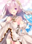  1girl alternate_costume artist_request bare_shoulders blush breasts bridal_veil bride cleavage clothes_grab commentary_request cosplay dress eyebrows_visible_through_hair fate/grand_order fate_(series) flower gloves hair_flower hair_ornament hair_over_one_eye holding holding_dress large_breasts lock looking_at_viewer mash_kyrielight nero_claudius_(bride)_(fate) nero_claudius_(bride)_(fate)_(cosplay) nero_claudius_(fate)_(all) open_mouth padlock pink_hair short_hair smile solo veil violet_eyes white_dress white_gloves zipper 
