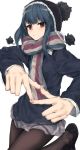  1girl blue_hair furukawa_wanosuke hat jacket pantyhose pose scarf shima_rin sidelocks solo violet_eyes white_background winter_clothes yurucamp 