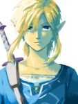  1boy asymmetrical_bangs bangs blonde_hair blue_eyes collarbone earrings expressionless jewelry link looking_at_viewer medium_hair nintendo pointy_ears saiba_(henrietta) shirt shoulder_strap simple_background solo sword the_legend_of_zelda the_legend_of_zelda:_breath_of_the_wild upper_body weapon white_background 