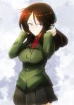  1girl adjusting_headphones bangs black_hair black_skirt blue_eyes closed_mouth commentary cowboy_shot emblem eyebrows_visible_through_hair girls_und_panzer green_jacket half-closed_eyes hands_on_headphones headphones highres jacket jinguu_(4839ms) light_smile long_hair long_sleeves looking_at_viewer miniskirt nonna pleated_skirt pravda_school_uniform red_shirt school_uniform shirt skirt solo standing swept_bangs turtleneck 