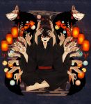  1boy black_hair character_request copyright_request egasumi extra_arms fish fox_mask goldfish hands highres japanese_clothes koura_higure lantern looking_at_viewer mask open_mouth red_eyes sitting smile symmetry too_many v 