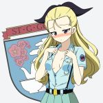  1girl aoshidan_(emblem) aoshidan_school_uniform assam black_ribbon blonde_hair blue_eyes blue_shirt blue_skirt blush breast_conscious breasts closed_mouth collared_shirt commentary_request emblem frown girls_und_panzer hair_pulled_back hair_ribbon ichinose_jun long_hair looking_down miniskirt open_clothes open_shirt opened_by_self partial_commentary pleated_skirt ribbon school_uniform shirt skirt small_breasts solo st._gloriana&#039;s_(emblem) standing suspender_skirt suspenders upper_body white_background 