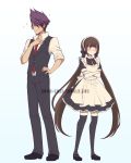  1boy 1girl :t alternate_costume apron beard black_legwear black_pants black_shirt black_skirt blush brown_hair closed_eyes criis-chan crossed_arms dangan_ronpa embarrassed enmaided facial_hair floating_hair frilled_skirt frills full_body hand_on_hip harukawa_maki long_hair looking_away maid maid_headdress miniskirt momota_kaito neck_ribbon necktie new_dangan_ronpa_v3 pants pleated_skirt purple_hair red_eyes red_neckwear red_ribbon ribbon shirt short_sleeves simple_background skirt smile sparkle spiky_hair standing thigh-highs twintails very_long_hair watermark web_address white_apron white_background white_shirt 