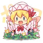  1girl :d background_text baku-p bangs blonde_hair blue_eyes blush_stickers bow chibi commentary_request dress eyebrows_visible_through_hair flower hair_between_eyes hair_bow hat lily_white long_hair long_sleeves open_mouth outstretched_arms red_bow red_flower smile solo spread_arms touhou translation_request very_long_hair white_background white_dress white_flower white_hat wide_sleeves yellow_flower 