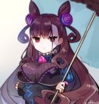  1girl :| artist_name breasts brown_hair closed_mouth collar crossed_arms double_bun dress fate/grand_order fate_(series) frilled_collar frills holding holding_umbrella large_breasts long_hair murasaki_shikibu_(fate) solo striped striped_dress umbrella very_long_hair violet_eyes yuzuki_gao 