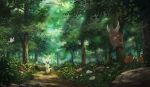  absurdres butterfree commentary_request day flower forest grass highres leafeon light_rays nature no_humans numaguro_(tomokun0808) outdoors path pinsir pokemon pokemon_(creature) rock scenery tree white_flower 