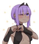  1girl ;) bare_shoulders black_leotard blush breasts fate/prototype fate/prototype:_fragments_of_blue_and_silver fate_(series) glasses hassan_of_serenity_(fate) heart heart_hands i.u.y leotard one_eye_closed purple_hair simple_background small_breasts smile solo upper_body violet_eyes white_background 