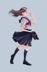  1girl black_footwear black_legwear black_skirt blue_background blush brown_hair facing_away full_body hand_up highres holding holding_shoes kneehighs long_hair o_sho original parted_lips school_uniform shoes shoes_removed skirt solo standing wind 