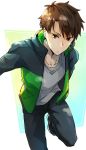  1boy black_pants brown_eyes brown_hair green_jacket haiji_kiyose jacket kaze_ga_tsuyoku_fuiteiru looking_at_viewer male_focus on2830883 pants running shoes simple_background sneakers solo 