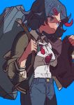  1girl aqua_eyes black_hair blue_background bra button_gap collared_shirt cowboy_shot eyebrows_visible_through_hair hair_ornament hairclip highres jacket kill_la_kill matoi_ryuuko multicolored_hair open_clothes open_jacket red_bra redhead shirt shirt_tucked_in short_hair solo streaked_hair underwear white_shirt yaya_hiyayaka zipper zipper_pull_tab 