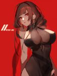  1girl bangs black_dress black_hair blunt_bangs breasts character_name cleavage dress dsr-50_(girls_frontline) earrings eyebrows_visible_through_hair facing_away girls_frontline impossible_clothes impossible_dress jewelry large_breasts long_hair nexie red_background red_eyes side_slit simple_background solo very_long_hair 