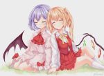  2girls ascot bangs bat_wings blouse blush bow breasts closed_eyes closed_mouth collared_blouse commentary_request crystal eyebrows_visible_through_hair eyelashes flandre_scarlet frilled_shirt_collar frills hand_on_another&#039;s_hand head_to_head high-waist_skirt kneehighs light_blue_hair long_sleeves medium_skirt multiple_girls on_grass orange_hair outdoors pleated_skirt red_bow red_neckwear red_skirt red_vest remilia_scarlet shiny shiny_hair shiromoru_(yozakura_rety) short_hair side_ponytail sitting skirt skirt_set smile touhou vest white_blouse white_legwear wing_collar wings yellow_neckwear 