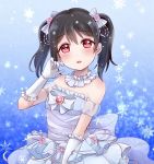  black_hair commentary commentary_request dress hair_ornament highres kino_xx62 love_live! love_live!_school_idol_project open_mouth red_eyes snow twintails white_dress yazawa_nico 
