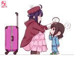  2girls :3 ? ahoge alternate_costume artist_logo brown_hair commentary_request dated hand_on_another&#039;s_head hat highres hood hood_down hooded_jacket jacket kanon_(kurogane_knights) kantai_collection long_hair luggage multiple_girls petting purple_hair rolling_suitcase ryuuhou_(kantai_collection) shigure_(kantai_collection) simple_background slippers smile speech_bubble spoken_question_mark squatting taigei_(kantai_collection) white_background younger 