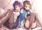 2girls anchor azur_lane bangs bare_shoulders belt black_bodysuit black_hair black_legwear blush bodysuit braid breasts brown_eyes cannon chains commentary_request dress gloves hair_ornament hairclip hand_up hat holding kimberly_(azur_lane) knees_up large_breasts long_sleeves mullany_(azur_lane) multicolored_hair multiple_girls open_mouth pantyhose parted_bangs pink_hair purple_hair red_neckwear sidelocks sitting smile solo sousouman thigh-highs 