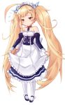  1girl :t ahoge alternate_costume apron azur_lane bangs bare_shoulders belfast_(azur_lane) belfast_(azur_lane)_(cosplay) blonde_hair blue_dress blue_footwear blue_sleeves blush breasts closed_mouth commentary_request cosplay detached_sleeves dress eldridge_(azur_lane) enmaided eyebrows_visible_through_hair facial_mark frilled_apron frills head_tilt highres juliet_sleeves lightning_bolt long_hair long_sleeves maid maid_headdress pantyhose pnt_(ddnu4555) pout puffy_sleeves red_eyes shoes simple_background small_breasts solo strapless strapless_dress twintails very_long_hair waist_apron white_apron white_background white_legwear 