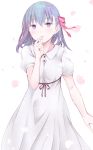  1girl bangs bow dress eyebrows_visible_through_hair fate/stay_night fate_(series) finger_to_mouth hair_bow hair_ribbon heaven&#039;s_feel highres long_hair looking_at_viewer matou_sakura petals puffy_short_sleeves puffy_sleeves purple_hair red_ribbon ribbon shichouson short_sleeves solo standing violet_eyes white_background white_dress 